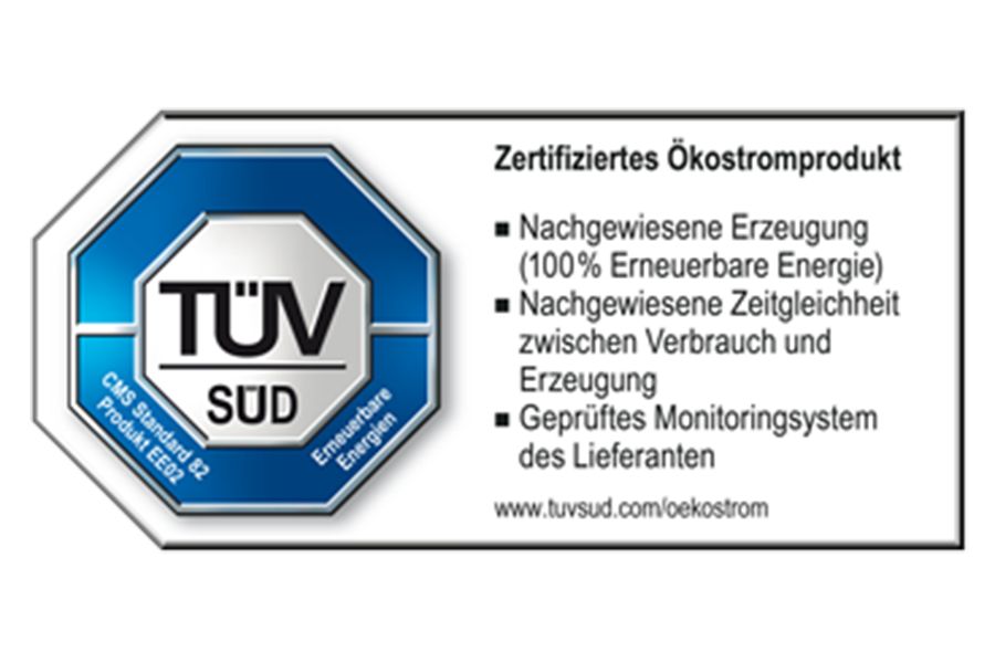 Ein TÜV Süd Zertifikat für zertifizierte Ökostrom Produkte. Ein mettalic-blau weißes Siegel.