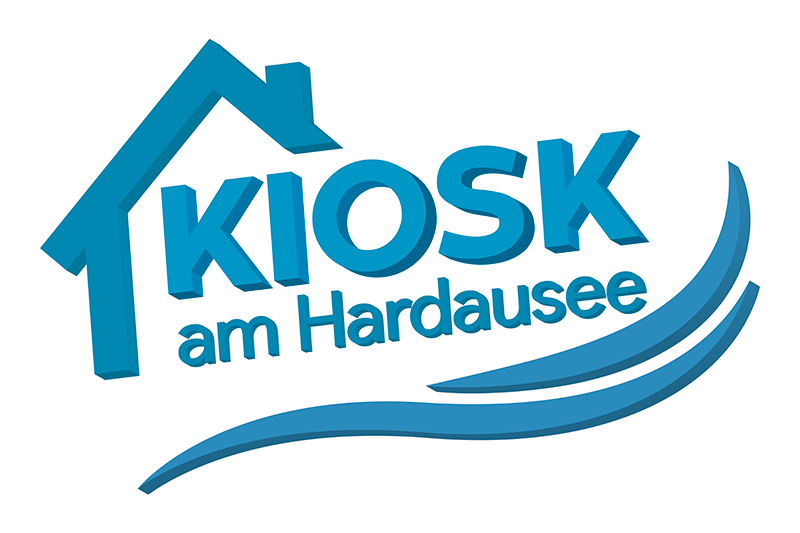 Logo "Kiosk am Hardausee" in blauer Schrift steht der Schriftzug quasi in einem Haus.