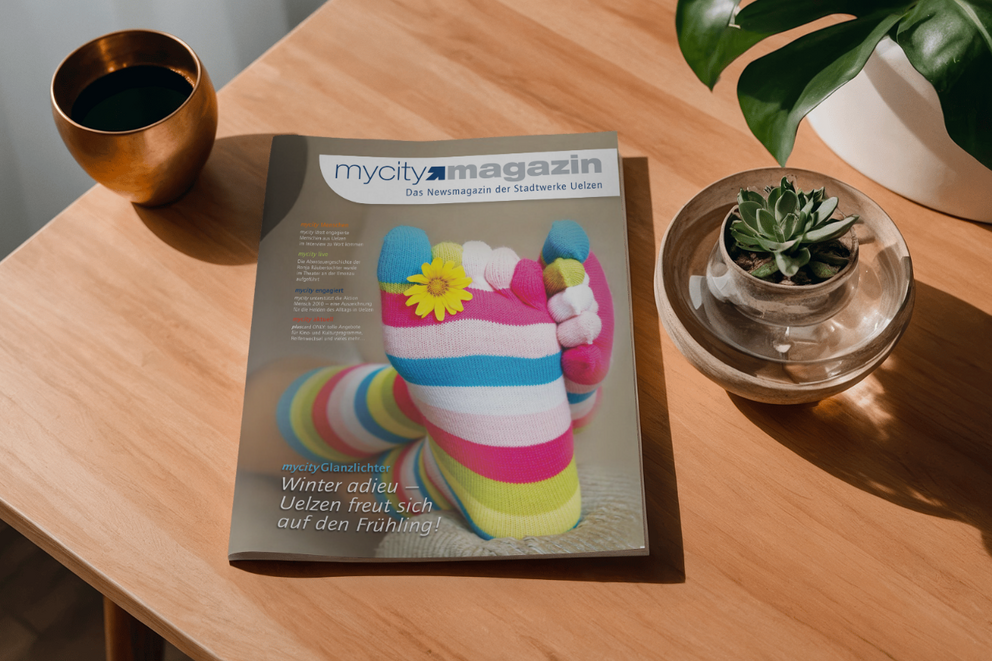 Ein mycity Magazin mit bunten Socken auf dem Cover liegt auf einem Holztisch mit Deko daneben.