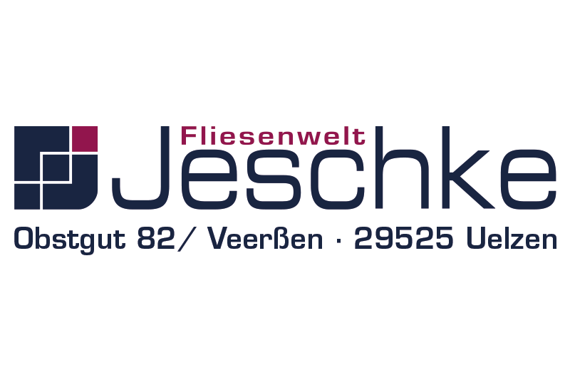 Schriftzug Jeschke in dunkelblauer Schrift, Fliesenwelt in roter Schrift darüber.