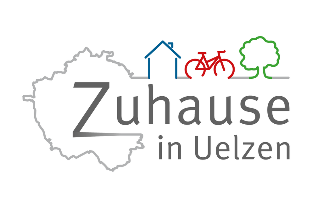 Logo Zuhause in Uelzen mit einem Haus, einem Fahrrad und einem Baum Icon, gezeichnet in der Grundfläche von Uelzen.