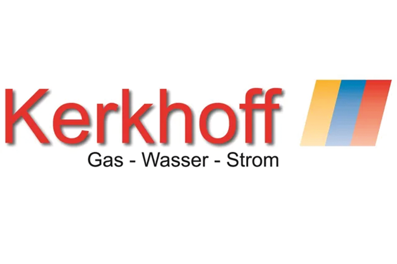 Schriftzug Kerkhoff in orange und drei Farben daneben, unten drunter steht Gas, Wasser, Strom