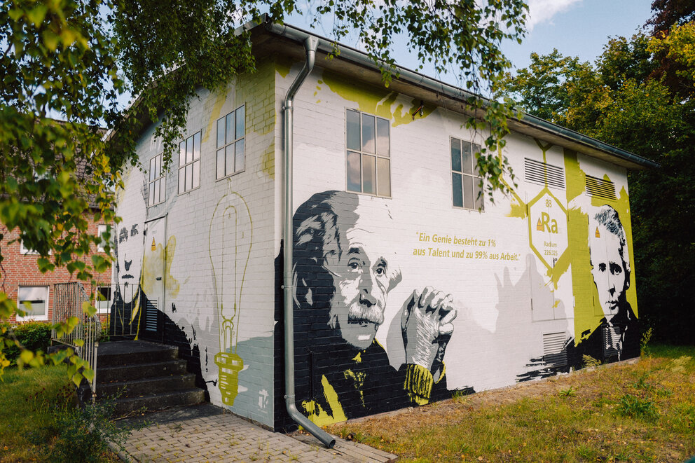 Foto einer Trafostation mit einem Albert Einstein Graffiti auf dem steht "ein Genie besteht zu 1% aus Talent und 99% aus Arbeit.