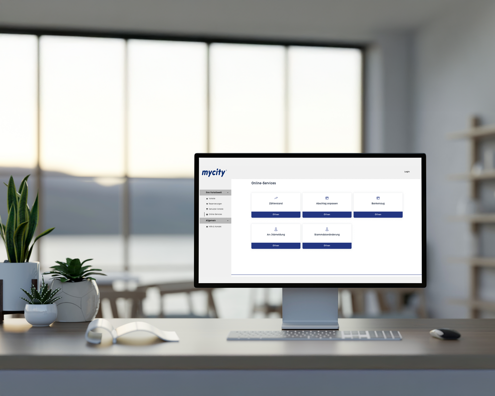 Ein PC Bildschirm steht auf einem Schreibtisch, auf dem Bildschirm sind die Online Services von mycity gelistet.