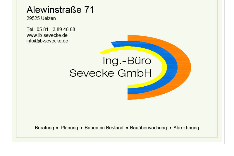 Schriftzug Ingenieur Büro Sevecke GmbH mit Logo bestehend aus drei Farben gelb, blau und orange. 