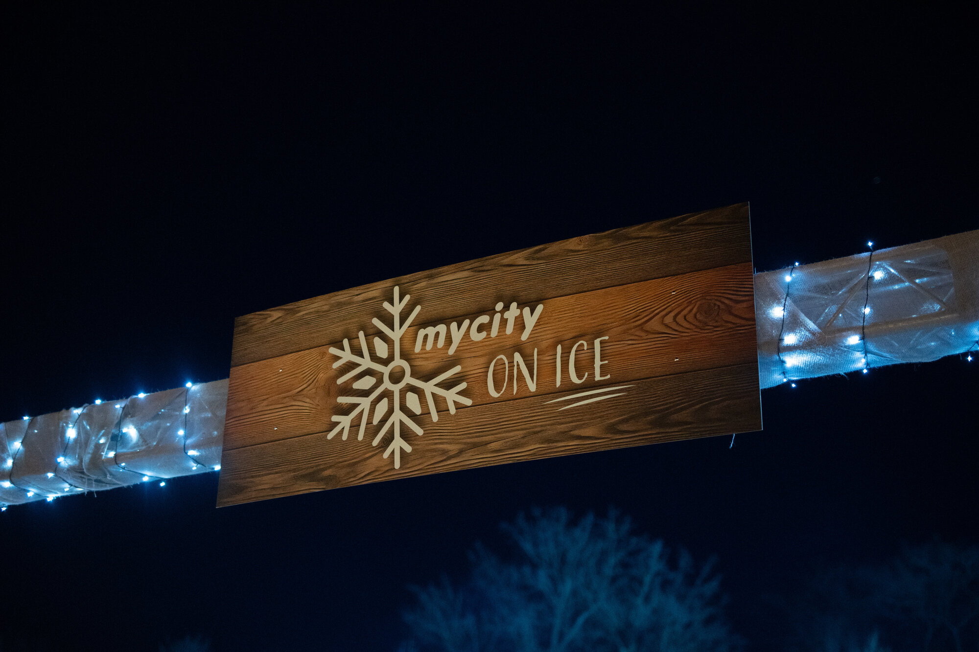 Ein Schild in Holzoptik mit der Aufschrift "mycity on ice" mit einer großen Schneeflocke.