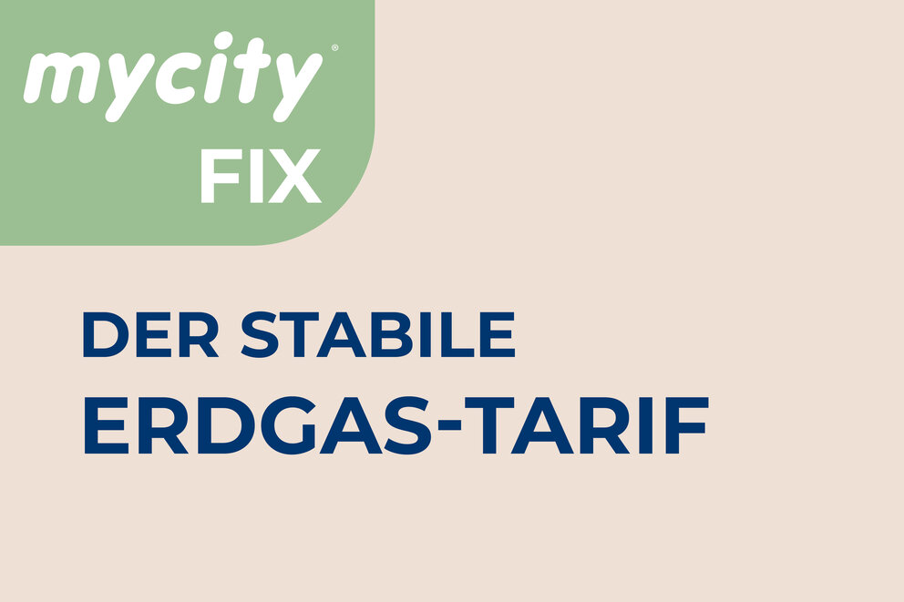 Blauer Schriftzug "Der stabile Erdgas Tarif auf hellem Hintergrund, oben links in der Ecke ein grünes Kästchen mit weißer Schrift mycity Basis.