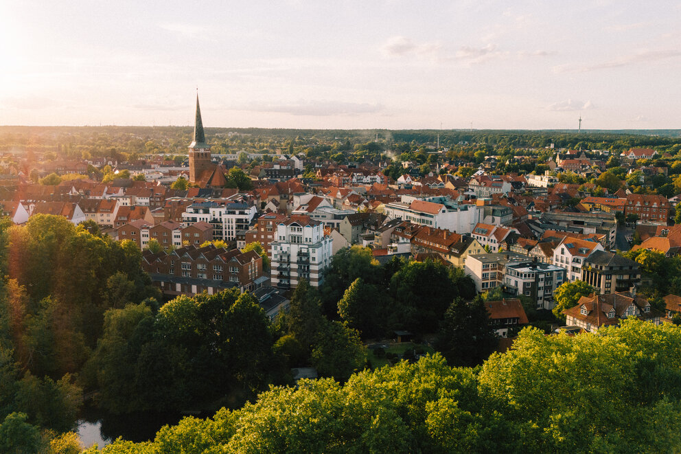 Luftaufnahme der Uelzener Skyline mit Häusern & Kirche zwischen vielen Bäumen.