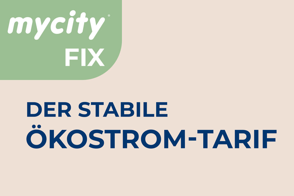 Blauer Schriftzug "Der stabile Ökostrom Tarif auf hellem Hintergrund, oben links in der Ecke ein grünes Kästchen mit weißer Schrift mycity Basis.