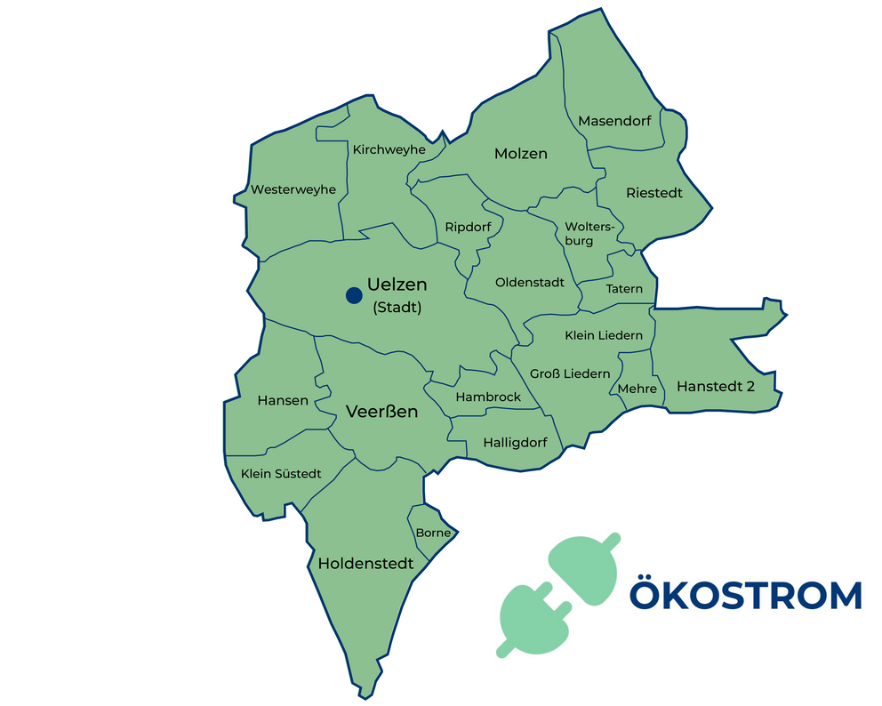 Eine Karte der Ökostrom Versorgungsgebiete in grün mit blauen Umrandungen (Viertelgrenzen)