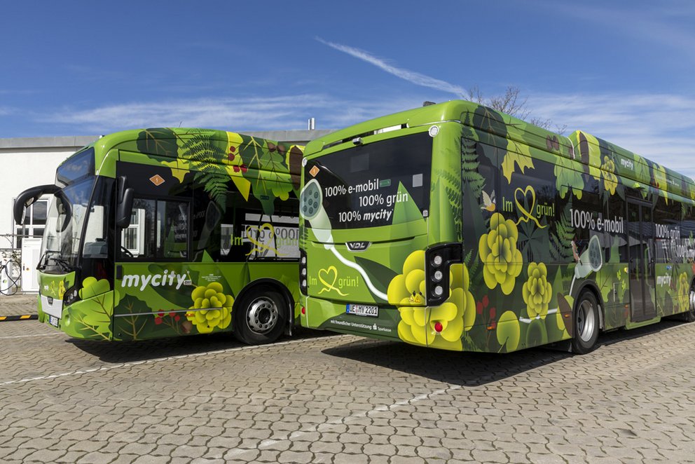 Zwei Busse von mycity mit grüner Beschriftung und Schriftzug 100% grün, ein Bus von vorne und ein Bus von hinten.
