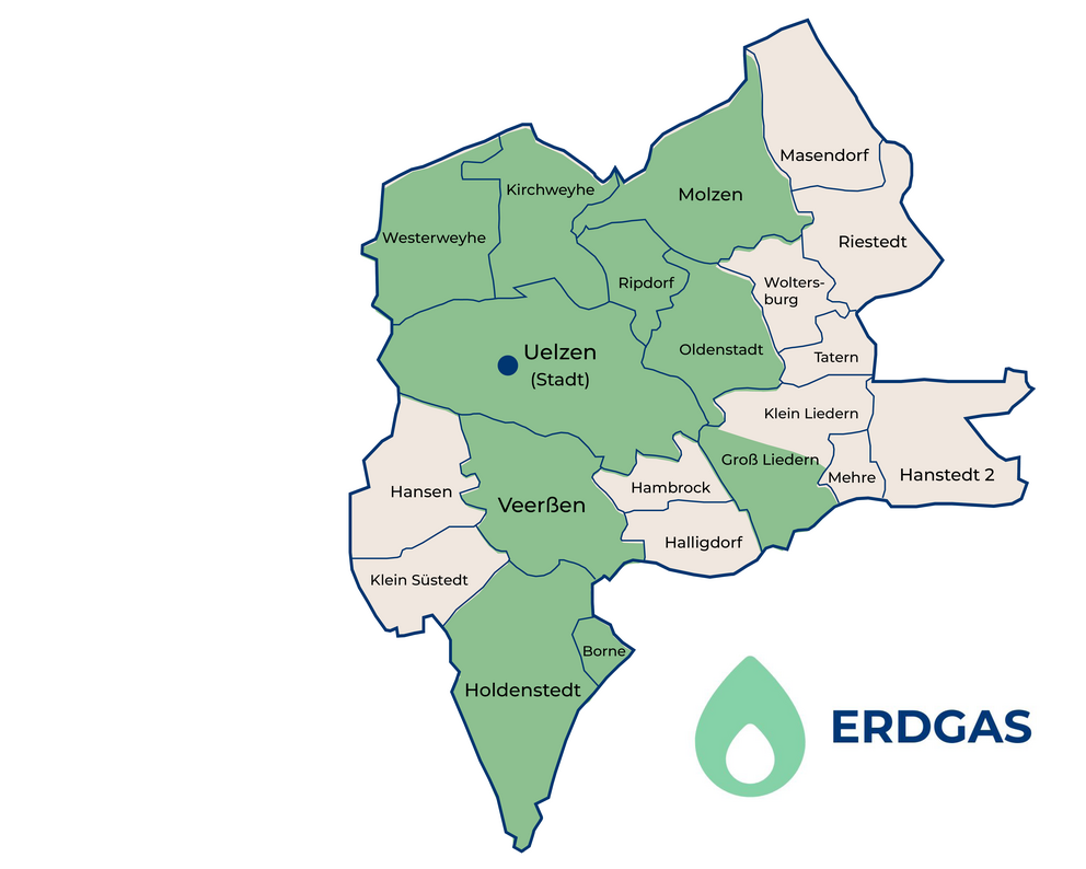 Eine Karte der Erdgas Versorgungsgebiete, in grün sind die dazugehörigen Gebiete markiert, mit blauen Umrandungen (Stadtgrenzen)