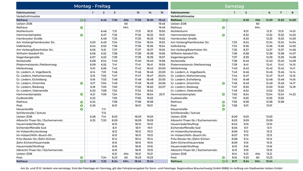 Fahrplan der Linie 3 inkl. Uelzen ZOB und Rathaus, alle 60 Minuten. Auskunft Montag bis Freitag und extra Plan am Samstag.