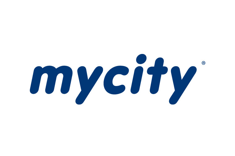 Blaues mycity Logo auf weißem Hintergrund