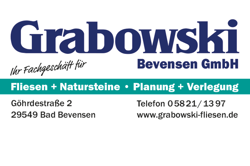 Schriftzug des Logos Grabowski (Fliesen, Natursteine, Planung, Verlegung) der Berensen gmbh inklusive Adresse