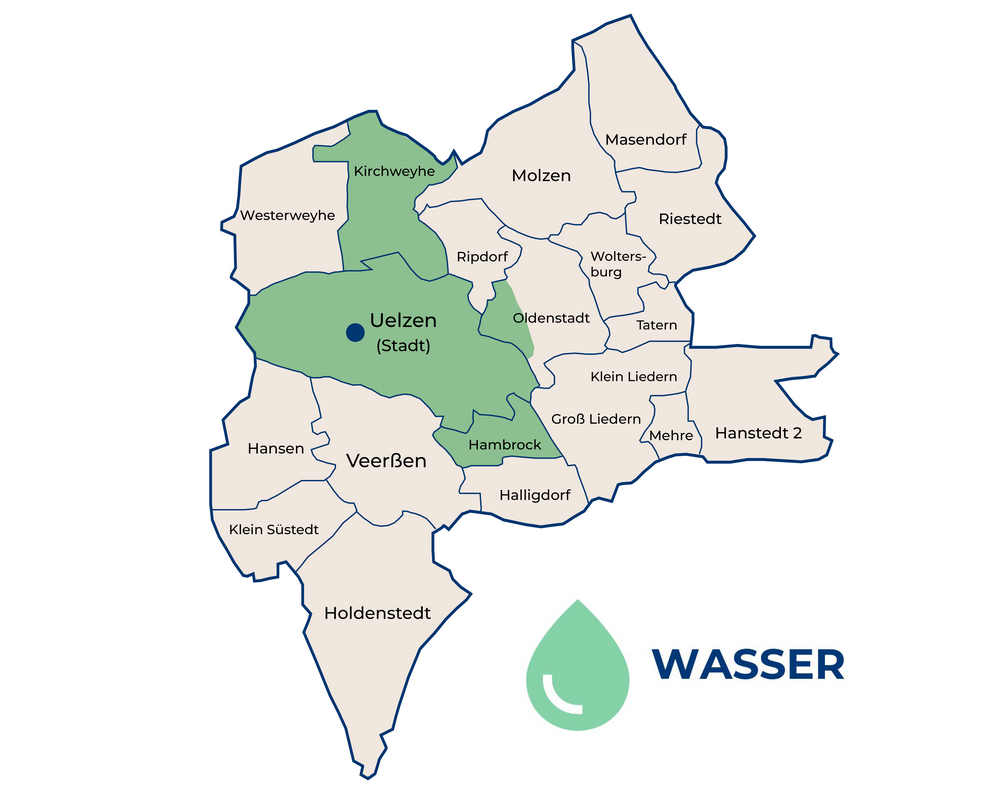 Versorgungsgebiet Wasser in Uelzen, Hambrock und Kirchweyhe. Eine Karte der Wasser Versorgungsgebiete in Uelzen, in grün sind die dazugehörigen Gebiete markiert, mit blauen Umrandungen (Stadtgrenzen)