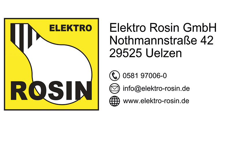 Logo von Elektro Rosin, das Logo besteht aus einem gelben Quadrat in dem eine Glühbirne und der Name Rosin stehen.