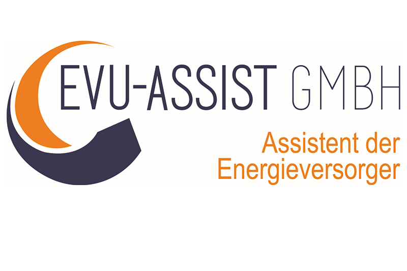 EVU-Assistent Logo, Assistent der Energieversorger: Ein Pfeil in grau und orange um den Schriftzug herum