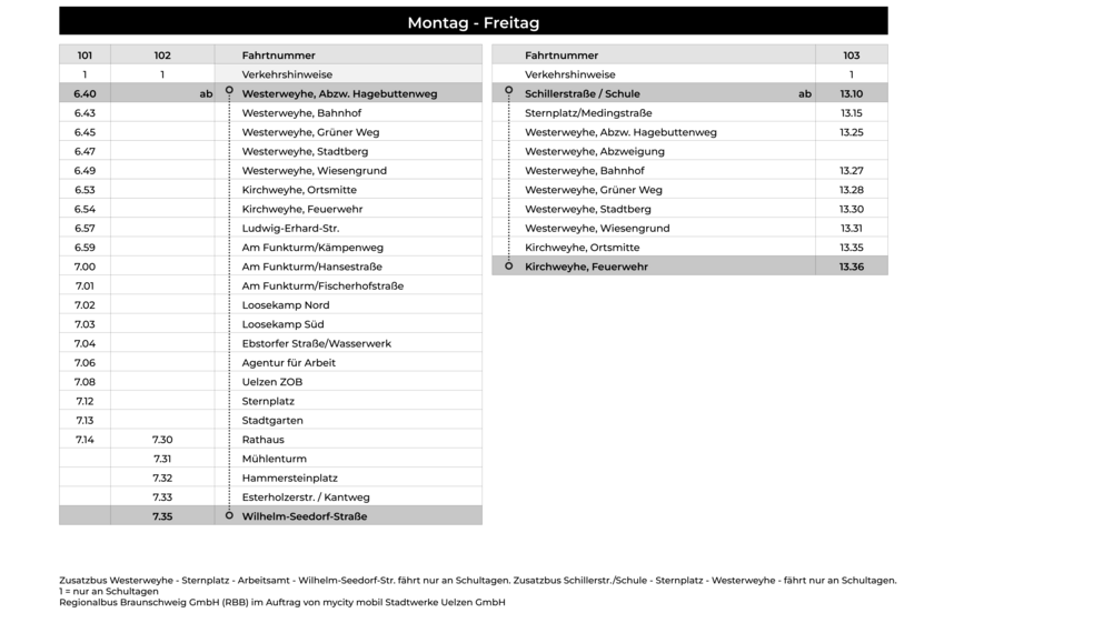 Fahrplan der Linie 7 von Uelzen ZOB bis Rathaus, alle 30 Minuten. Auskunft Montag bis Freitag und extra Plan am Samstag.